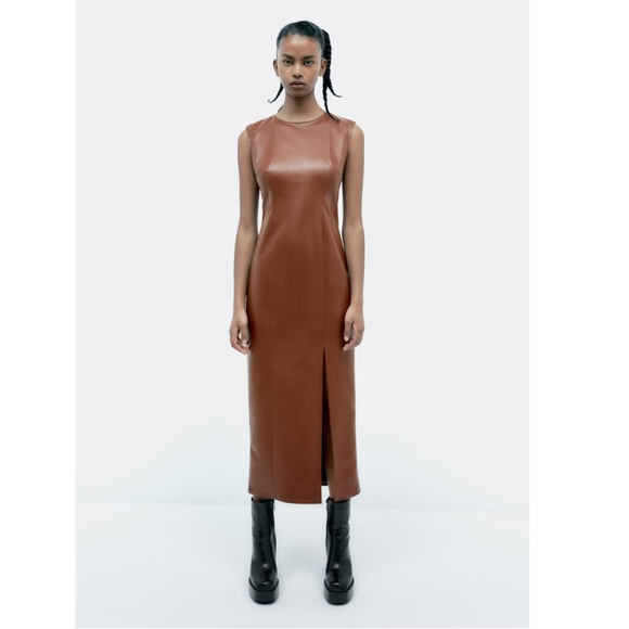 slim fit dress slacks Zara Brown Faux Leather Midi Secretary Dress Large Sheath Dress – Cougar  Vintage Shop main image 1